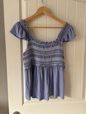 Cupio Smocked Peplum Top Blue Puff Sleeve Babydoll Blouse Size L